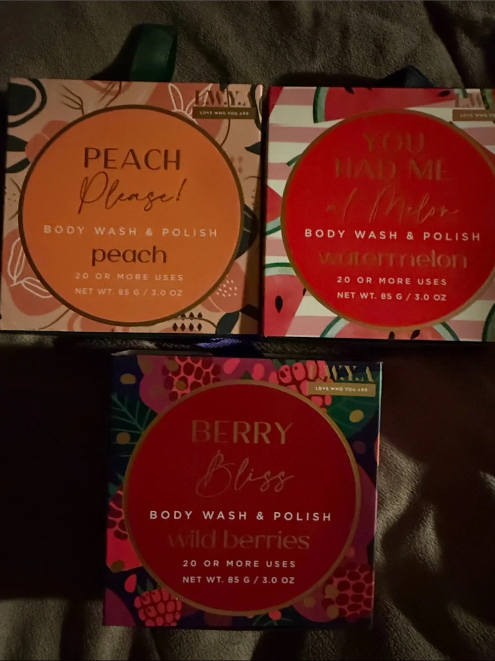 L.W.Y.A body wash & Polish sponges- peach, wild berries & watermelon